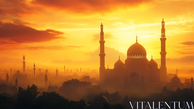 Sunlit domed mosque silhouette under dense atmospheric haze