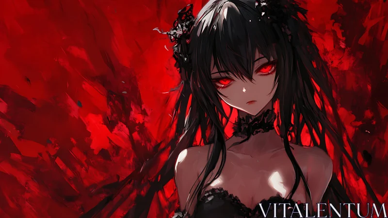 Dark haired anime girl with red eyes on abstract red backdrop.