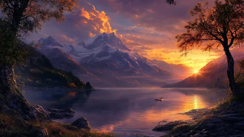 Sunset orchestra crowns the still mountain lake in firelit hush