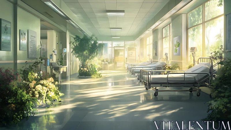 Hospital ward interior with abundant indoor vegetation and beds.