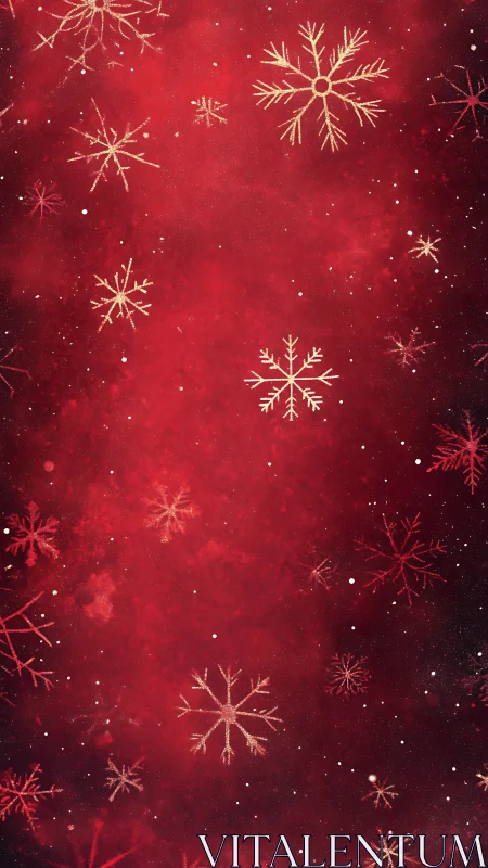 Gold snowflakes drift across deep red festive background