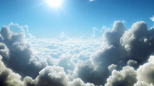 Sunlit cloud kingdoms float beneath a blazing blue zenith