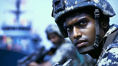Young naval soldier’s steady gaze beside a distant ship.