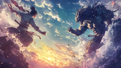 Samurai warrior confronts colossal beast above glowing clouds
