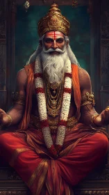Majestic bearded guru sits in calm, radiant meditation