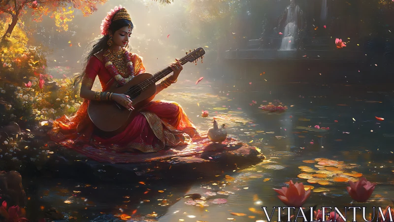 Woman in ornate dress plays guitar beside lotus pond