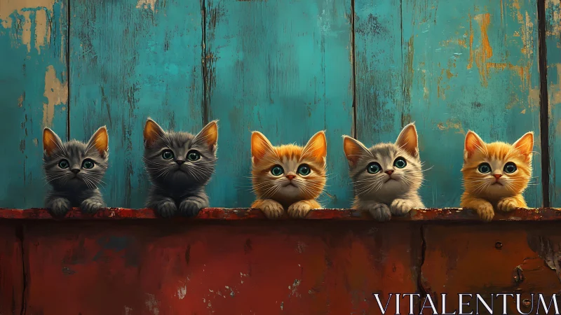 Five kittens positioned on weathered wooden platform.