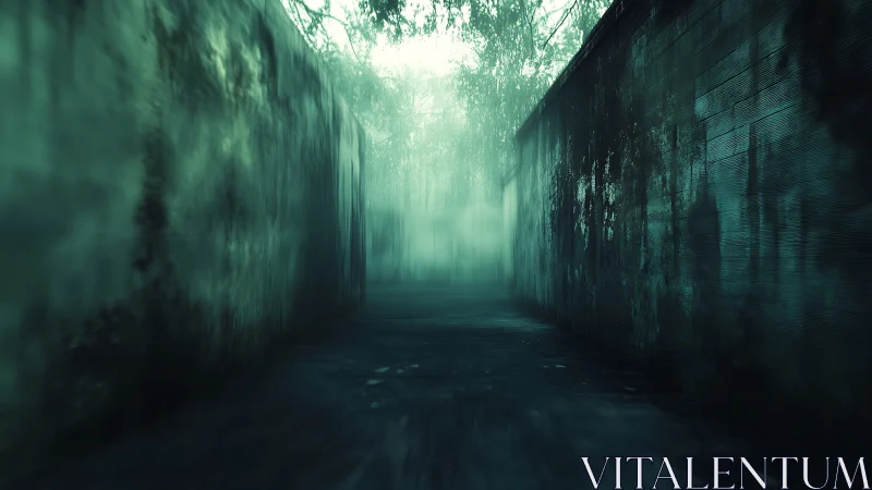 Photorealistic fog alleyway with vanishing point perspective walls.