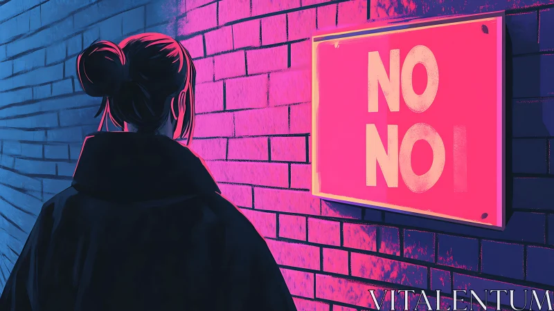 Woman stands facing neon pink NO NO sign on brick wall