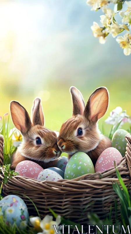 Easter bunnies nestle among pastel eggs in spring sunlight