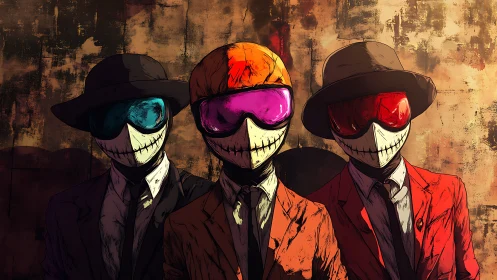 Striking masked trio in sharp suits share a bold, eerie smile