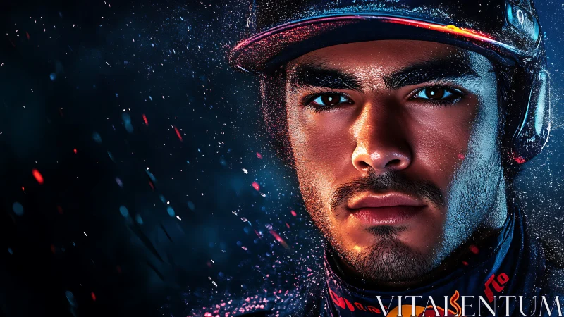 Intense racing driver gazes forward through swirling sparks