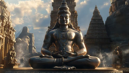 Large metallic deity statue sits before rocky temple towers