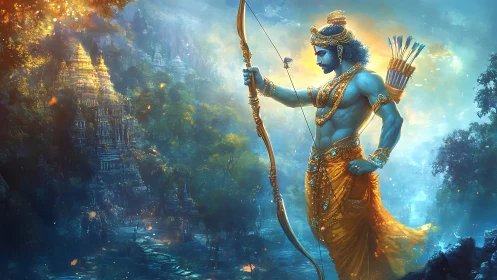 Divine archer deity in luminous forest temple panorama.