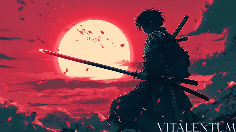 Scarlet horizon samurai pausing beneath a burning moon.