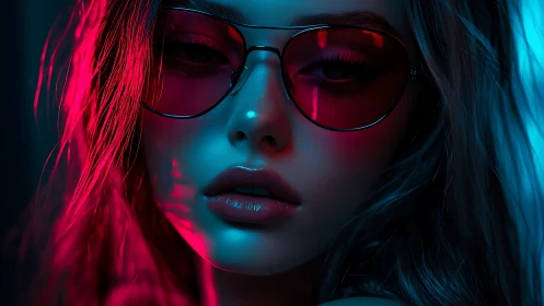 Neon-lit close portrait with cyan rim lighting and red lenses
