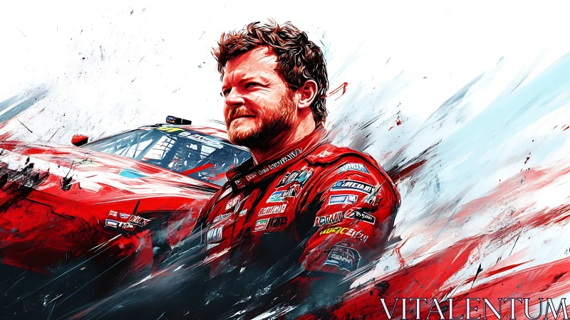 Racing driver in red suit with stylized red stock car portrait.
