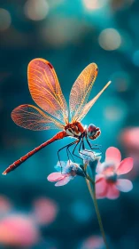 Glowing dragonfly rests on pastel flowers in dreamy light
