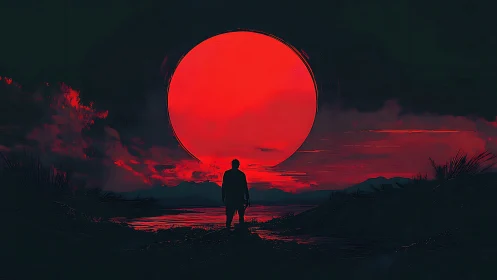 Solitary silhouette before oversized red celestial disk.
