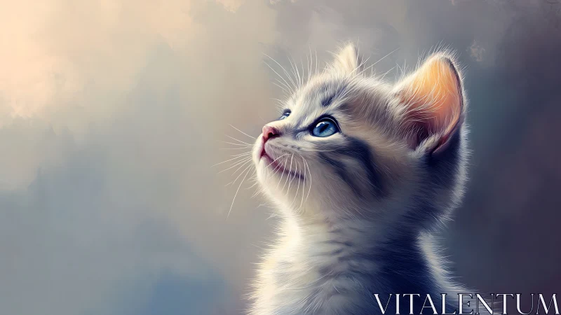 White kitten gazing upward with luminous blue eyes and peachy ears