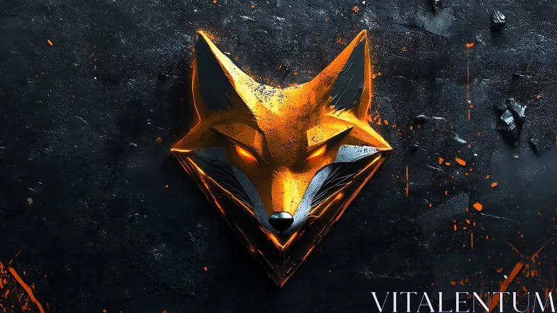 Geometric cyberpunk fox emblem on dark textured wall.