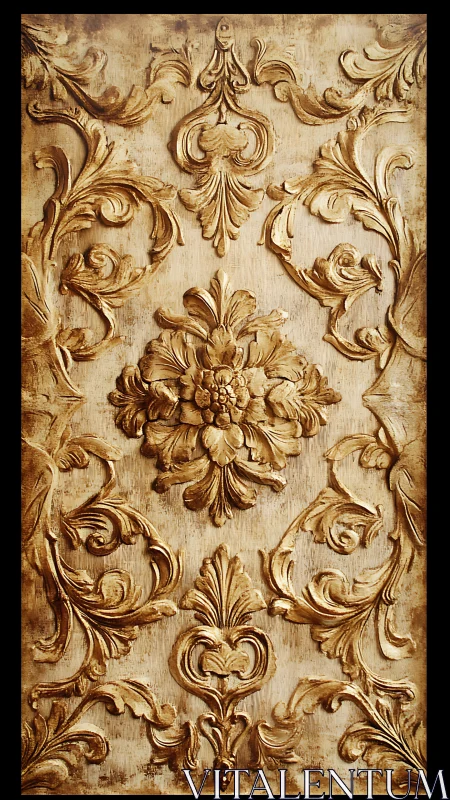 Ornamental gilded relief panel displays symmetrical floral scrolls
