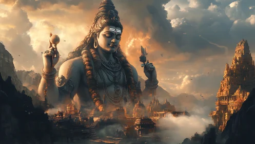 Colossal Shiva deity above misty temples at golden dusk.