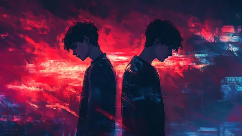 Two mirrored figures stand apart in a storm of neon color