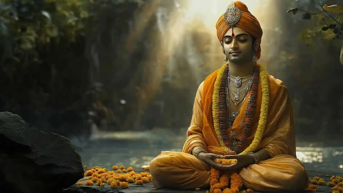 Digital painting of meditative prince in luminous forest shrine.