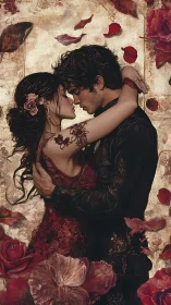 Intimate Portrait of Couple Kissing Amid Vintage Roses