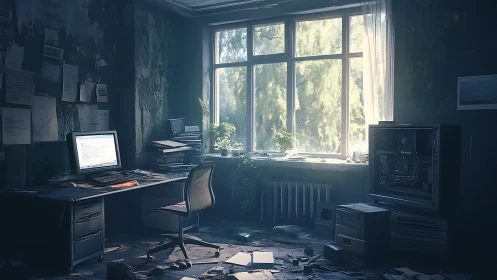 Sunlit abandoned office with dusty workstation and cluttered floor.