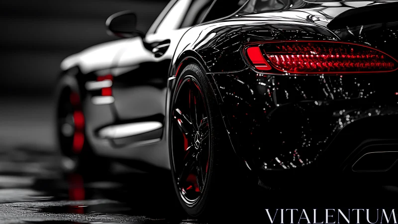 Glossy black sports car rear with red accents detail.
