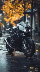 Sport motorcycle stands on wet city street under autumn trees