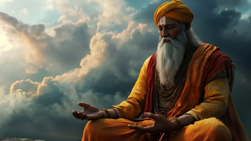 Serene elder sage meditates calmly beneath dramatic skies