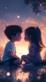 Two Children Share Intimate Moment at Sunset.