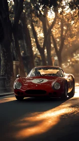 Sunlit scarlet racer gliding through an amber avenue of trees.