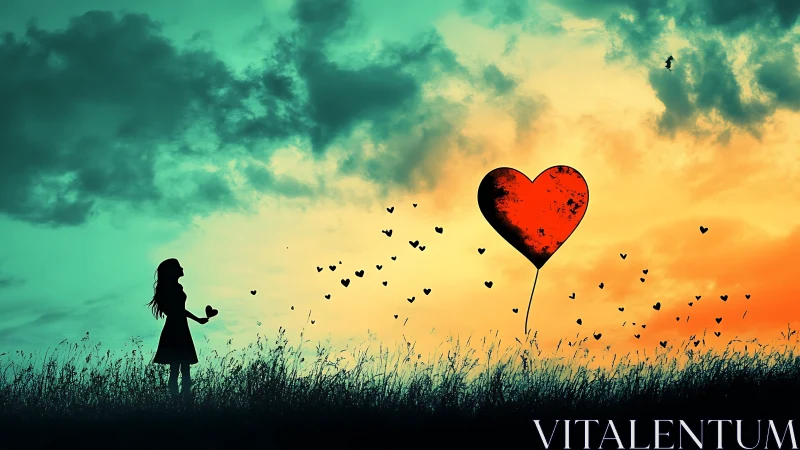 Silhouette releases heart-shaped dreams into painted sky.