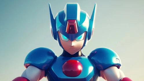 Armored blue anime robot stands ready in glowing light.