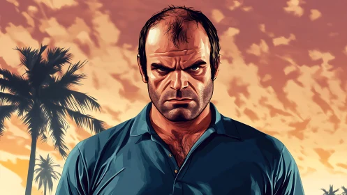 Brooding middle‑aged man under vivid tropical sunset sky.