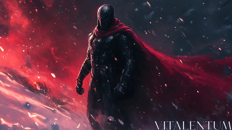 Armored dark warrior in red cloak dominates fiery, wind‑torn field