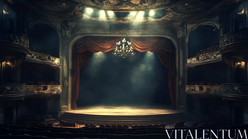 Baroque proscenium stage under volumetric spotlights at rest.