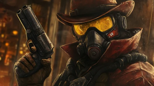 Post-apocalyptic gunslinger in rust-red armor and visor.