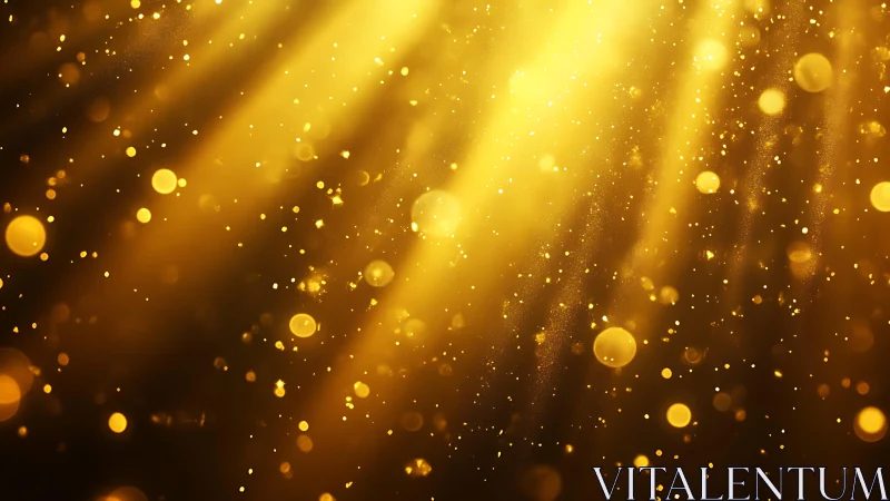 Golden light rays with sparkling particles, abstract festive glow.