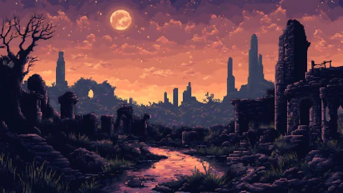 Moonlit ruins glowing over a quiet, pixel river at dusk.