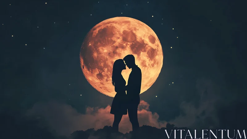 Silhouetted figures kissing against large full moon backdrop.