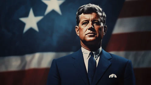 Stoic statesman gazes forward before a blurred flag field