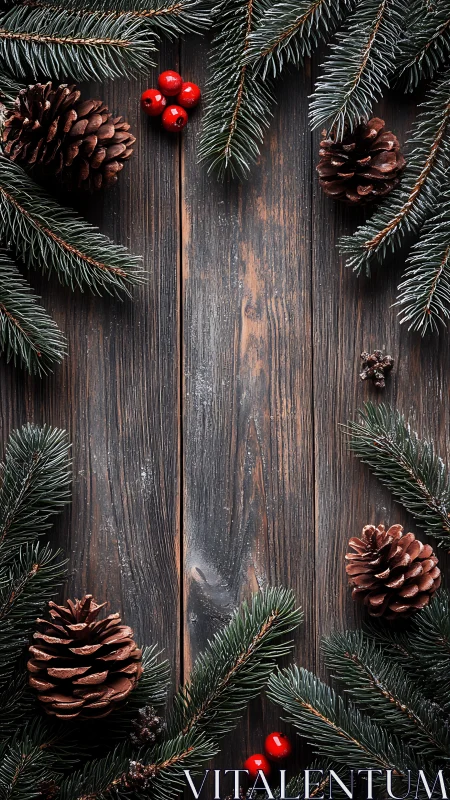 Cozy winter border of pine, berries, and rustic wood grain.