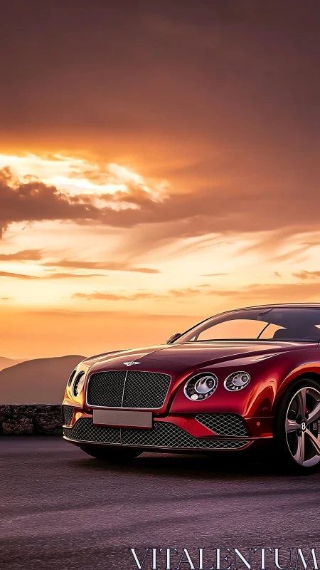 Sunset highway luxury coupe under glowing amber sky.
