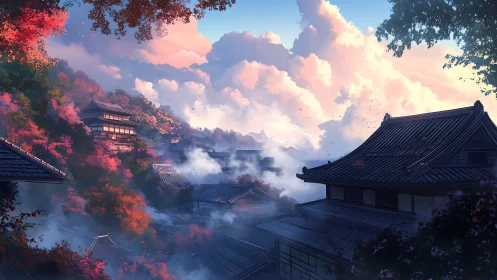 Autumn mist over tiered Japanese temples at cloudlit sunrise