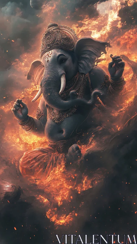 Elephant-headed deity rendered in fiery digital composition